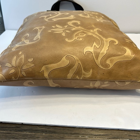 FALOR Italy Tote Bag, Tan Brown Leather Embossed Paisley Large Bag, 16" x 16" - Picture 4 of 6